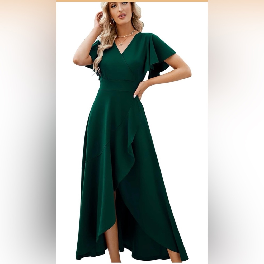 Formal Gowns Evening Party Split Elegant V Neck Wrap Ruffle Wedding Guest Dress